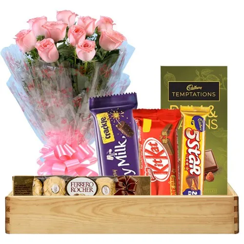 Deliver Bunch of Pink Roses with Chocolates Hamper