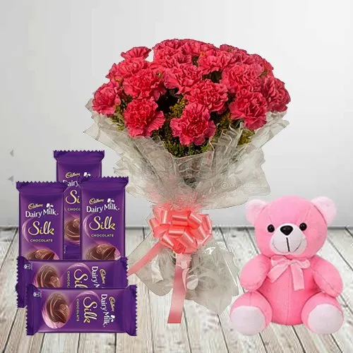 Shop for Carnations Bouquet with Chocolates N Teddy