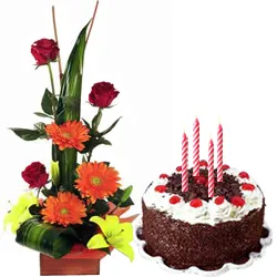 Send Seasonal Flowers Arrangement with Black Forest Cake