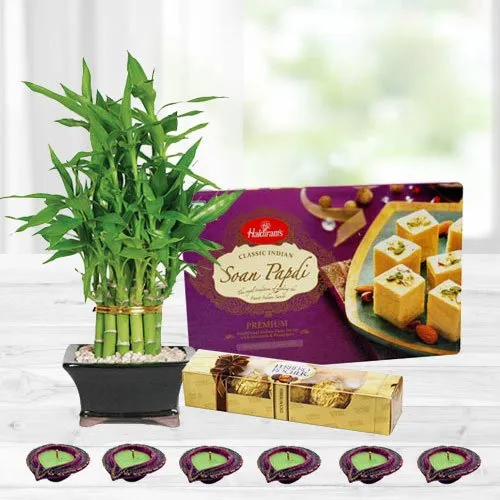 Diwali Sweets, Chocolates, Diya with Lucky Bamboo Tree