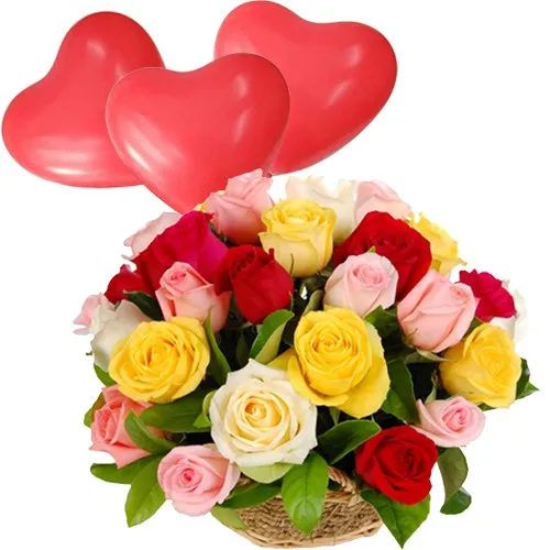 Send Mixed Roses Arrangement with Red Heart Shaped Balloons