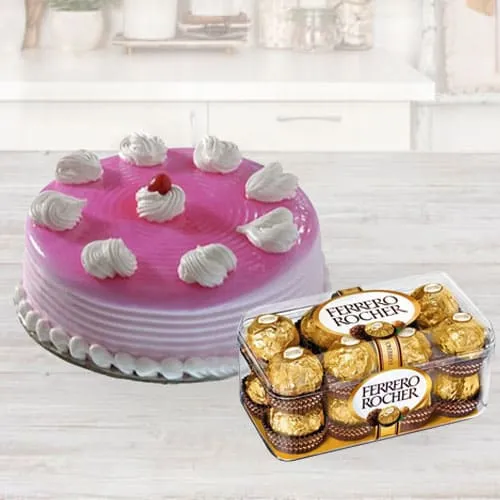 Send Strawberry Cake with Ferrero Rocher Chocolate for Birthday