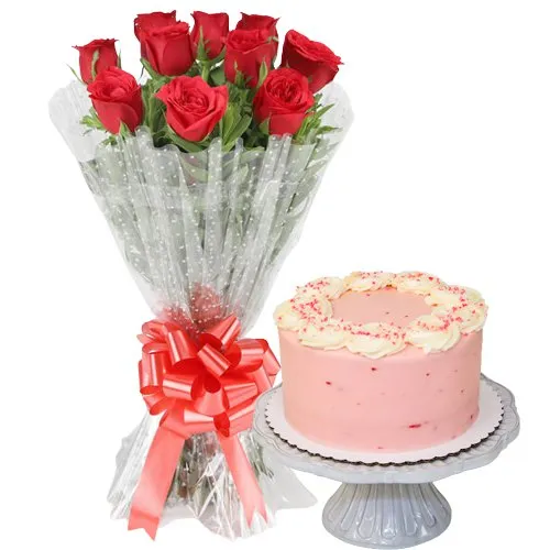 Order Strawberry Cake with Rose Bouquet for Birthday