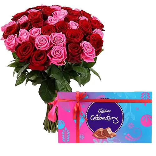 Online Pink and Red Roses Arrangement with Assorted Chocolates