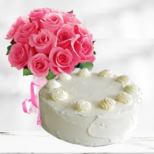 Send Vanilla Cake with Pink Roses Bouquet