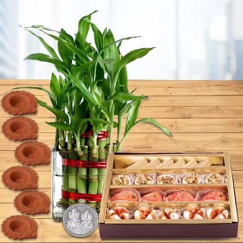 Remarkable 2 Tier Good Luck Bamboo Plant Combo Gift