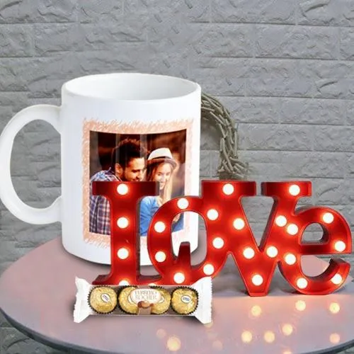Enthralling Combo of LOVE Lamp with Coffee Mug n Ferrero Rocher for Boyfriend