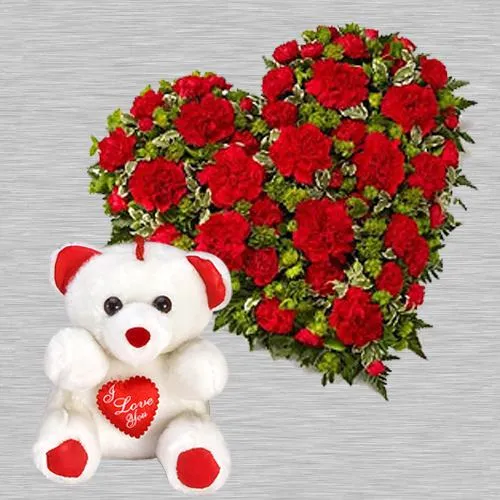 Classic Heart Shape Bouquet of Red Carnations with Teddy