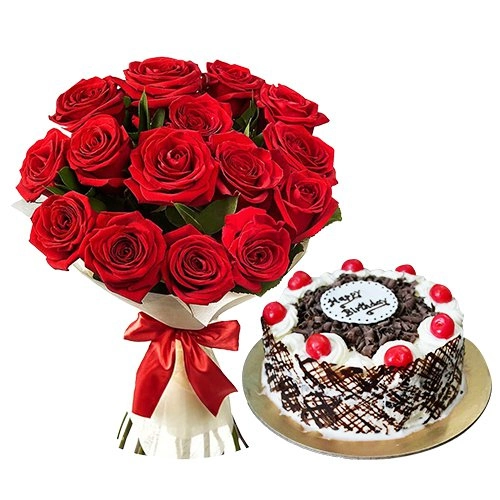Sweet Kiss Day Special Black Forest Cake with Red Rose Bunch