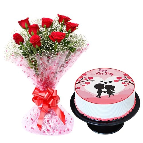 Sensational Kiss Day Photo Cake with Red Roses Hand Bouquet