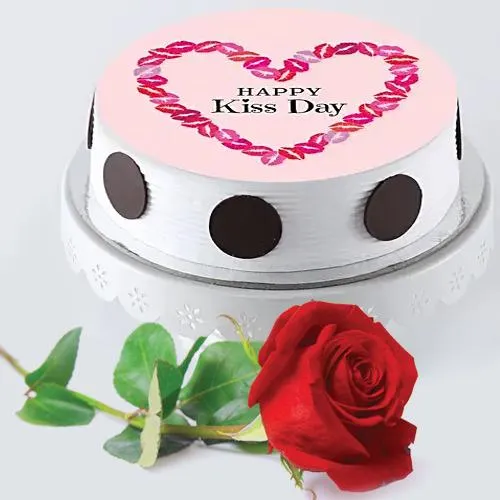 Lovable Kiss Day Photo Cake N Single Red Rose Gift Combo