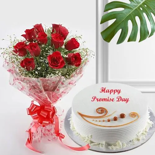 Exquisite Pink Roses Bouquet with Happy Promise Day Cake