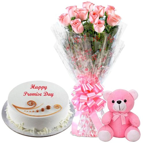 Alluring Promise Day Gift of Vanilla Cake with Pink Roses N Cute Teddy