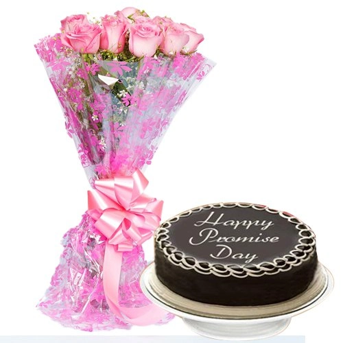 Most Promising Gift of Dark Chocolate Cake with Pink Rose Bouquet