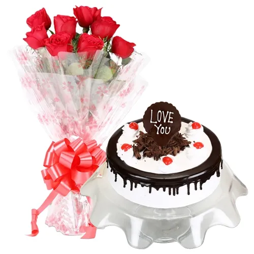 Dazzling Propose Day Gift of Black Forest Cake with Red Roses Bunch