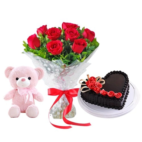 Appetizing Heart Shape Chocolate Cake with Lovely Roses Hand Bunch N Hugging Teddy