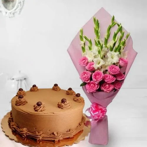 Beautiful Roses n Gladiolus Bouquet with Chocolate Cake
