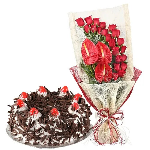 Send Red Roses n Anthurium Bunch with Black Forest Cake