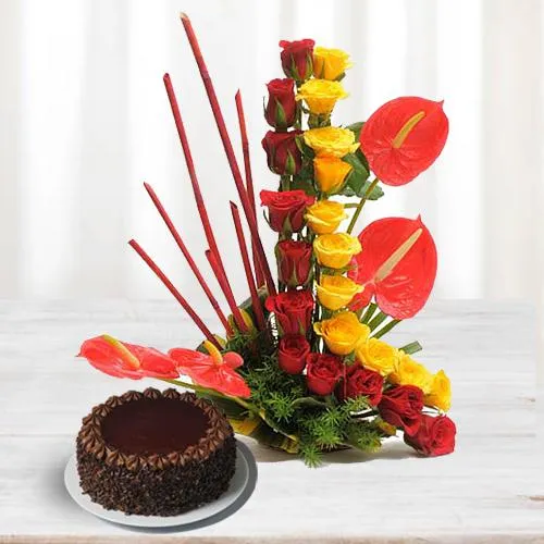 Send Arrangement of Roses n Anthodium with Chocolate Cake