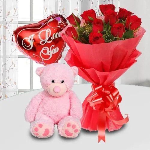 Best Gift for Super Mom with Freshest Roses , Cute Teddy Bear and Balloon
