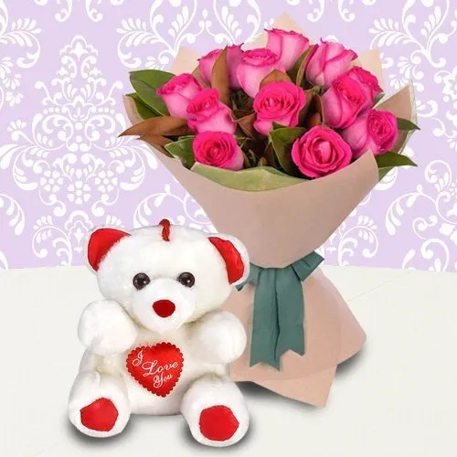 Sending Pink Roses Bunch with Teddy Bear for Mom
