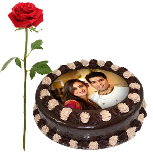 Buy Single Red Rose with Chocolate Photo Cake