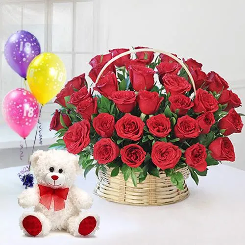 50 Red Roses Arrangement with Colourful Balloons, Teddy.