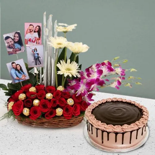 Love Filled Flowery, Chocolaty N Personalized Picture Basket with Chocolate Cake