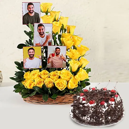 Spectacular Basket of Yellow Roses n Personalized Pic with Black Forest Cake