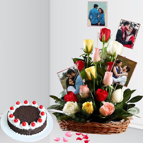 Magnificent Basket of Mixed Roses N Personalized Photos with Black Forest Cake