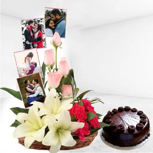 Send Mixed Roses N Personalized Photo Basket with Chocolate Cake Combo