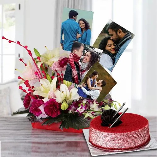 Splendid Personalized Picture n Mixed Flowers Basket with Red Velvet Cake