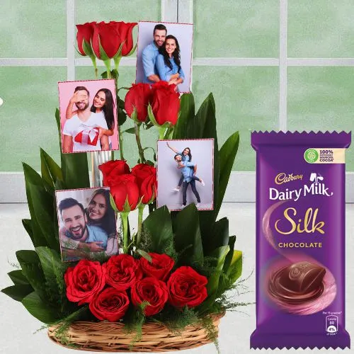 Send  Arrangement of Red Roses n Personalized Pics with Cadbury Silk