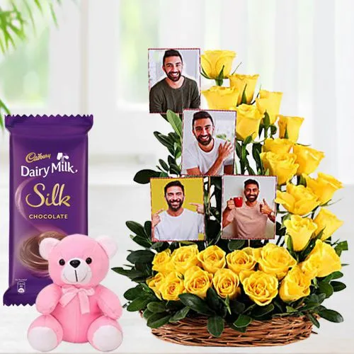 Send Roses n Personalized Photos Basket with Cadbury Silk N Teddy