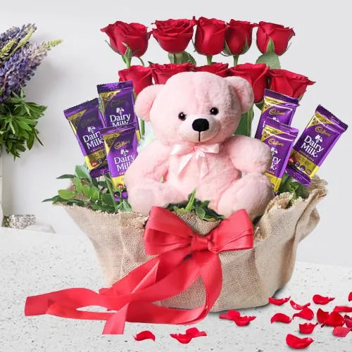 Valentine Treat of Red Roses, Soft Teddy n Cadbury Dairy Milk in Basket