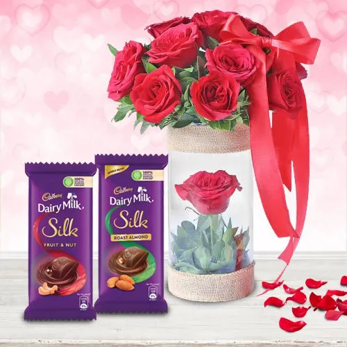 Classy Vase of 10 Red Roses with Cadbury Chocolate Bar