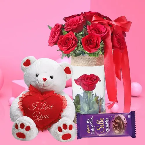 Lovely Bouquet of Red Roses with Teddy n Cadbury Silk