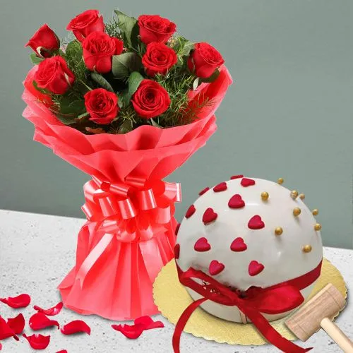 Lovely Red Rose Bouquet n Love Pinata Cake Combo	