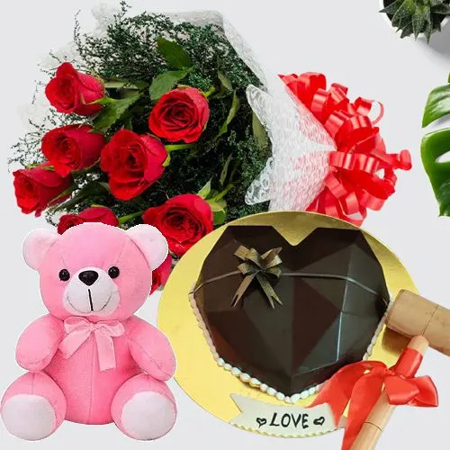 Alluring Red Roses Bouquet, Heart Shape Chocolate Pinata Cake n Soft Teddy	