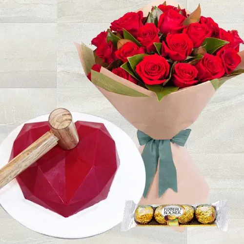 Radiant Red Roses Bouquet, Red Heart Pinata Cake n Ferrero Rocher	