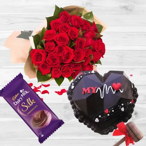 Chocolaty Love Smash Cake, Red Rose Bouquet n Cadbury Silk Goft Combo 	