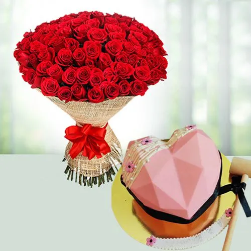 Appealing 100 Red Roses Bouquet n Heart-Shape Strawberry Pinata Cake 	