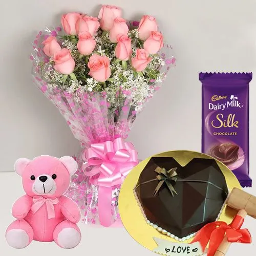 Glamorous Pink Rose Bouquet, Love Shape Pinata Cake, Teddy N Cadbury Silk
