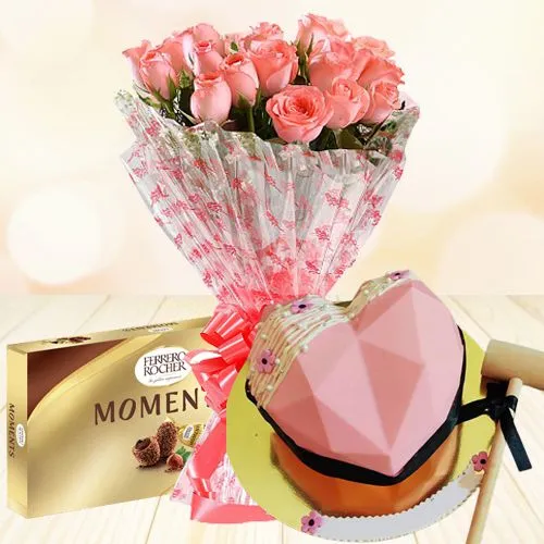 Wonderful Gift of Heart-Shape Strawberry Pinata Cake, Pink Rose Bouquet n Ferrero Moments	