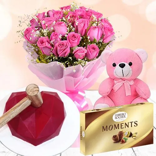 Special Gift of Red Heart Pinata Cake, Pink Rose Bouquet, Ferrero Moments n Teddy
