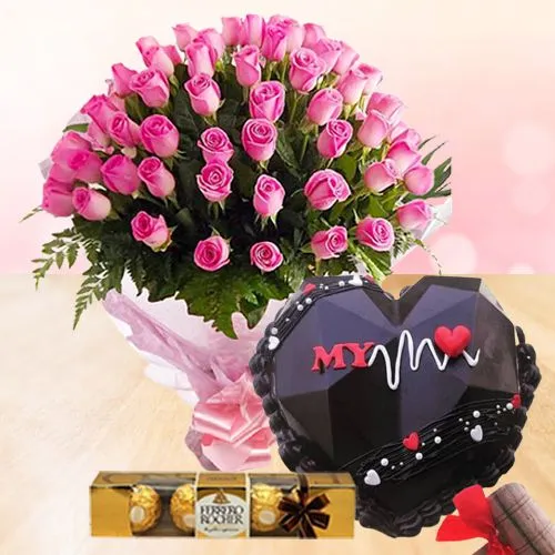 Lovely Pink Roses Bouquet, My Heart Line Chocolate Pinata Cake n Ferrero Rocher Gift Combo	