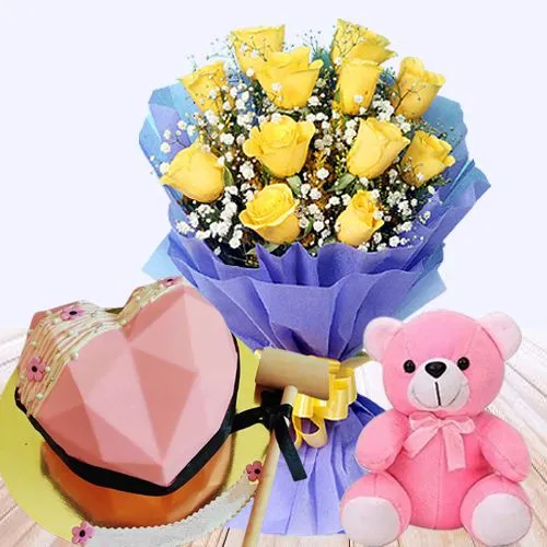 Unique Yellow Roses Bouquet, Heart Shape Strawberry Hammer Cake n a Cute Teddy