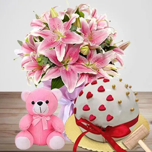 Impressive Pink Lily Hand Bunch, Smash Your Love Score Pinata Cake n a Cute Teddy	