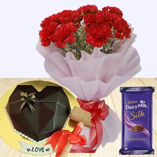 Radiant Red Carnations Bouquet, Chocolate Love Hammer Cake n Cadbury Silk Gift Combo