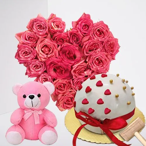 Dazzling Gift of Pink Rose Heart Bouquet, Ball of Love Pinata Cake n Cute Teddy	